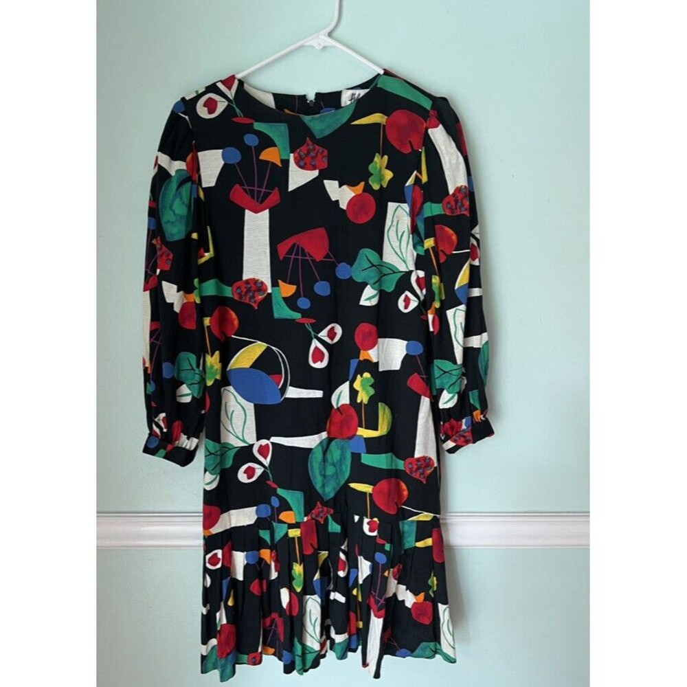 Helga 80s Neiman Marcus  Floral Print‎ Drop Waist Dress Size 12 Vintage Belt